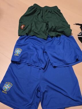 Mens Soccer Blue and Green Soccer Shorts - Brazil And SPAIN Crest